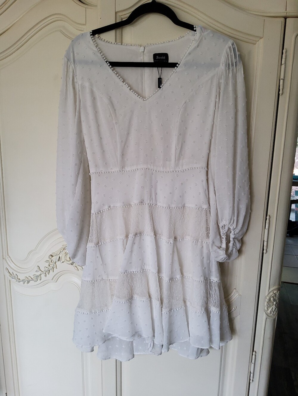Bardot Swiss Dot  V-Neck Bishop Sleeve Tiered Mini Dress